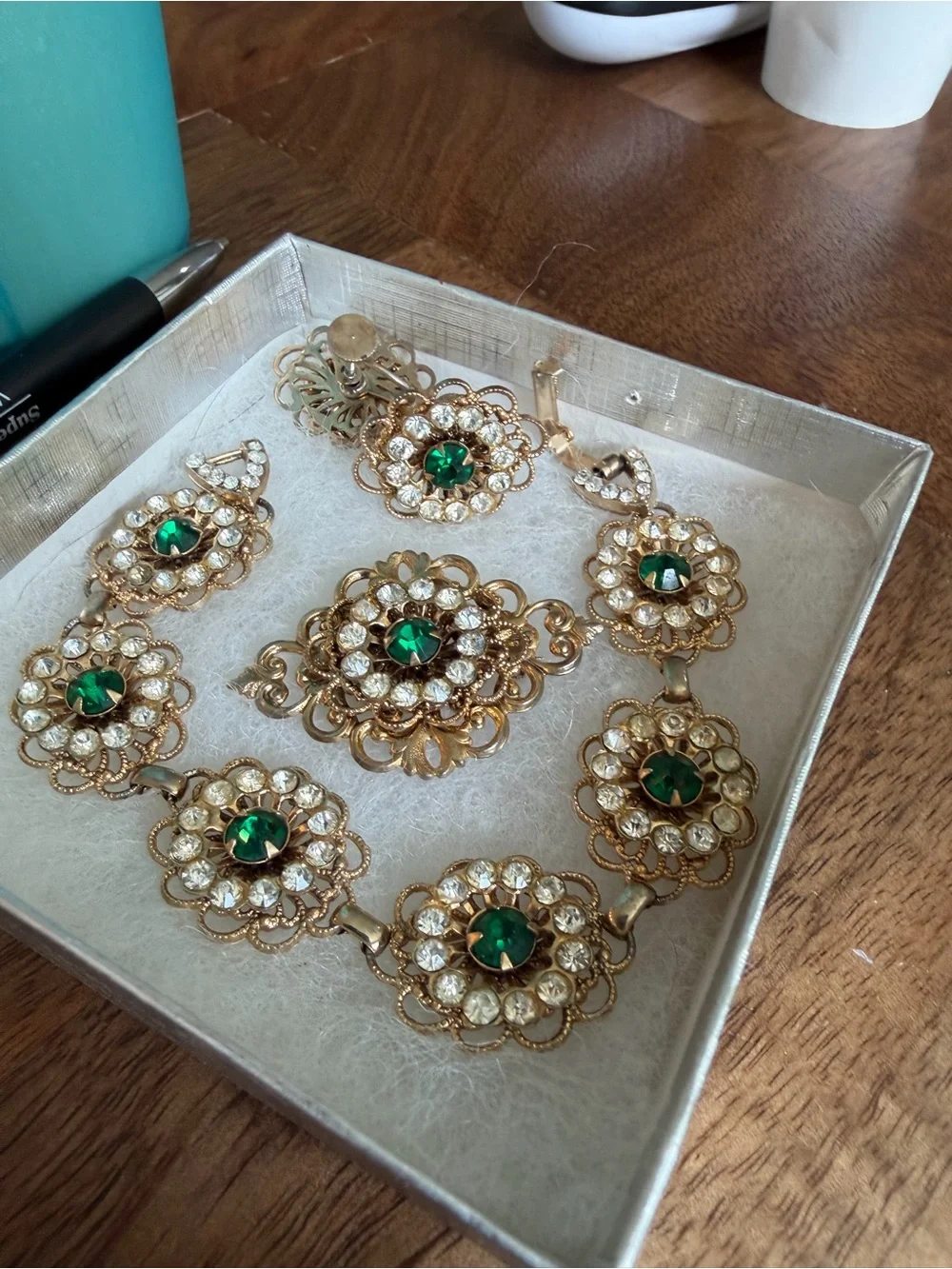 Vintage Gold, Emerald Glass & Rhinestone Floral Necklace, Brooch Earring Set MCM